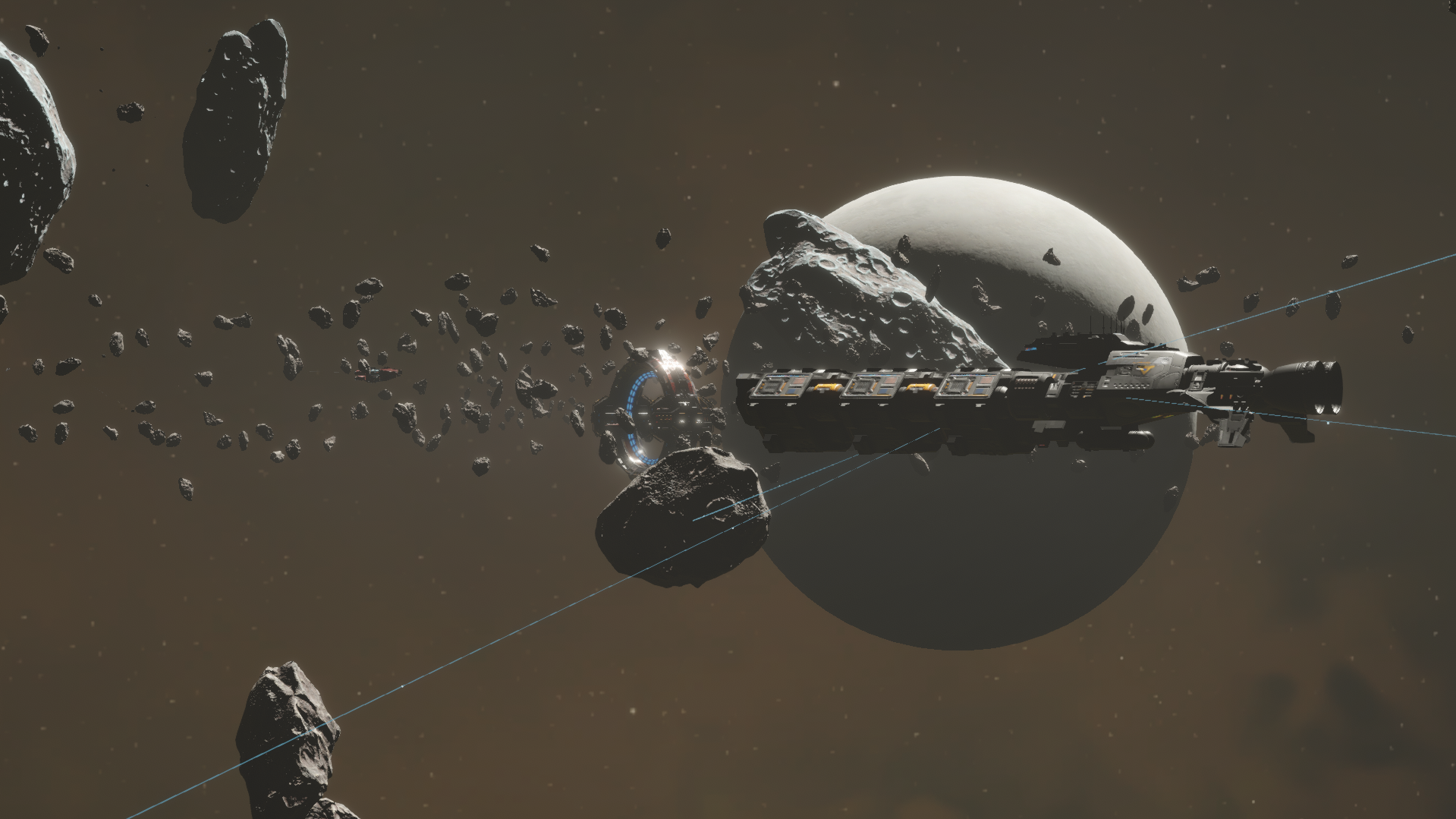 Industrial warship crossing an asteroid field near a white planet